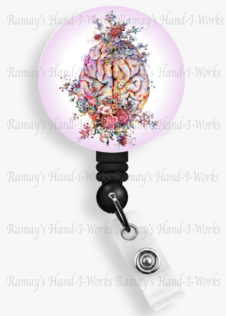 Watercolor Floral Brain #2 Retractable Badge Reel & Lanyard Badge